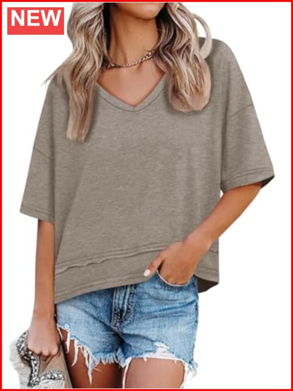 Women's V-Neck T-Shirt Loose Fit Soft Casual Tee 60% Polyester 35% Cotton 5%